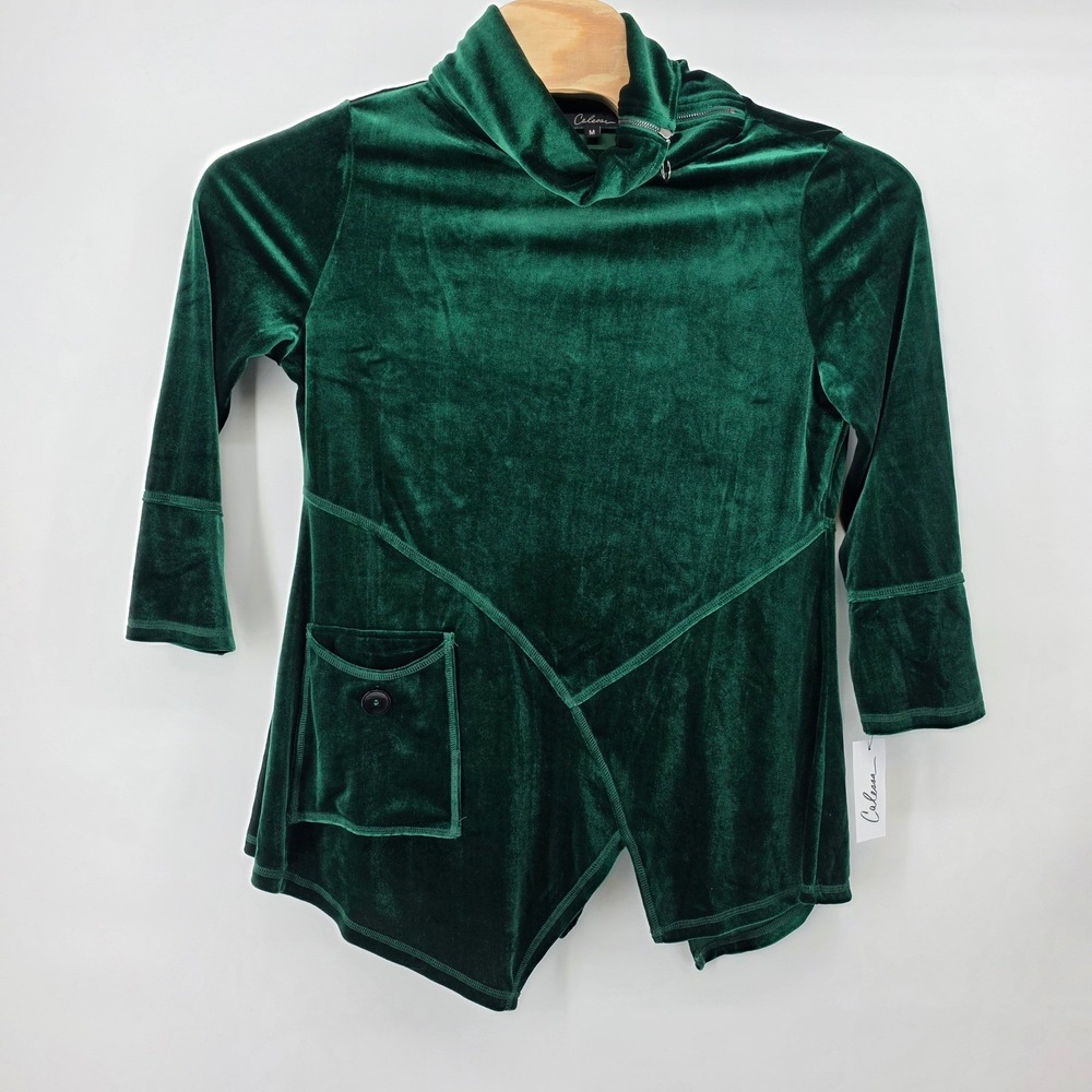 Calessa Emerald‎ Green Velvet Tunic Top Asymmetrical High Neck Modern M
